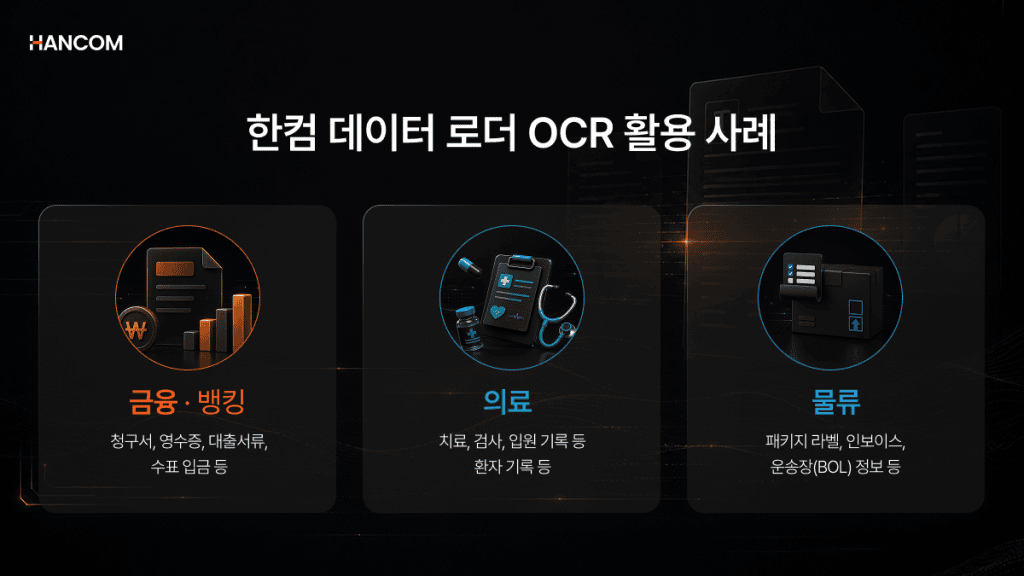 금융·의료·물류 산업에서 청구서, 환자 기록, 운송장 등 비정형 문서를 AI OCR로 자동 처리하는 활용 사례 이미지