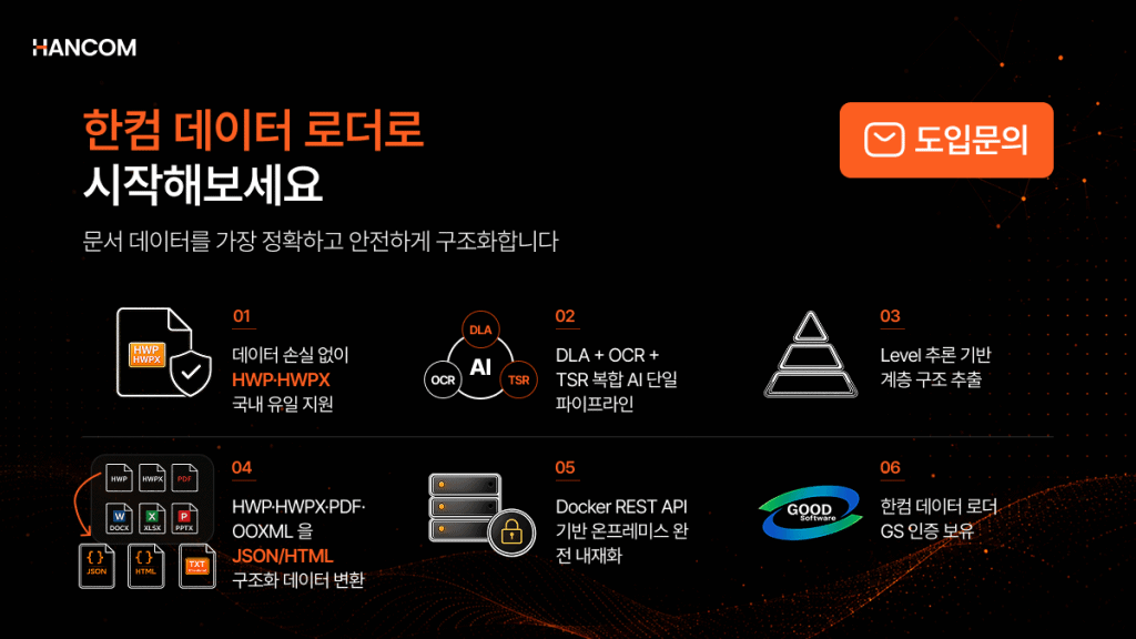  pyhwp 한계를 넘어 HWP·HWPX 원본 파싱과 JSON·HTML 구조화 데이터 변환, 문서 구조 분석(DLA)을 지원하는 한컴 데이터 로더 소개 이미지 