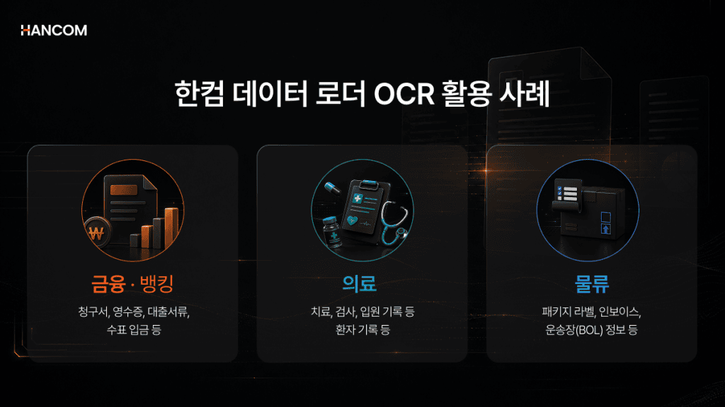 Image showing use cases of OCR based on parsing Hangul and Word documents in finance/banking, healthcare, and logistics